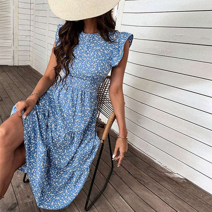 Women's Retro Style High Waist Round Neck Floral Dress - ChoreGirl