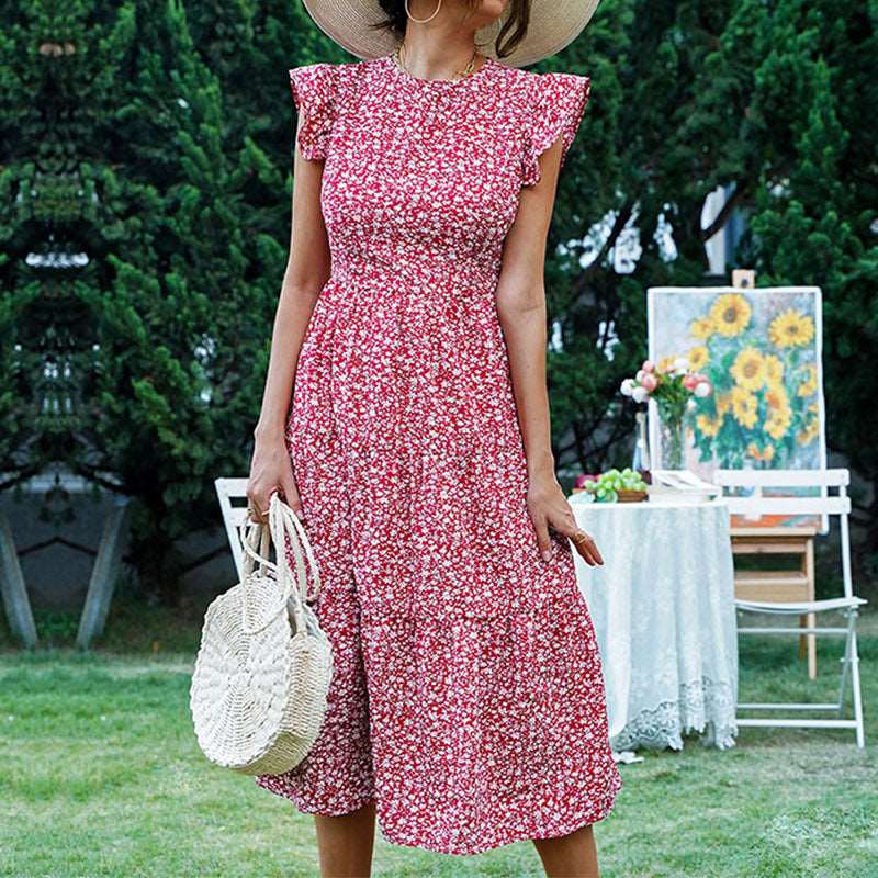 Women's Retro Style High Waist Round Neck Floral Dress - ChoreGirl