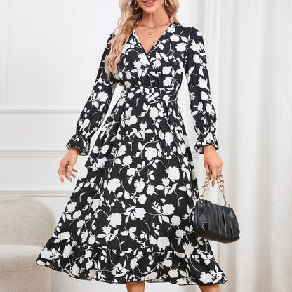 Women's Retro V-neck Printed Dress - ChoreGirl