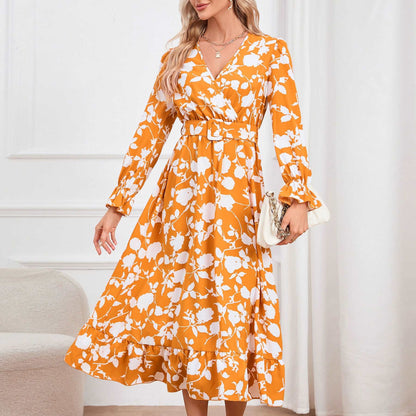 Women's Retro V-neck Printed Dress - ChoreGirl