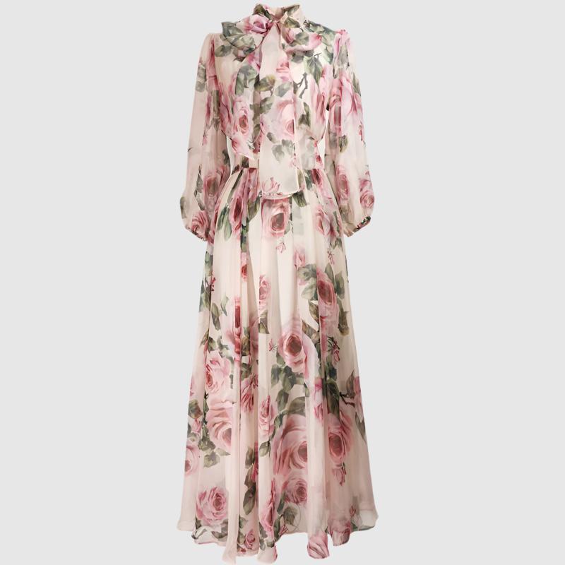 Women's Romantic Style Rose Print Large Swing Chiffon Dress - ChoreGirl