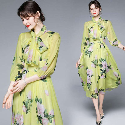 Women's Romantic Style Rose Print Large Swing Chiffon Dress - ChoreGirl