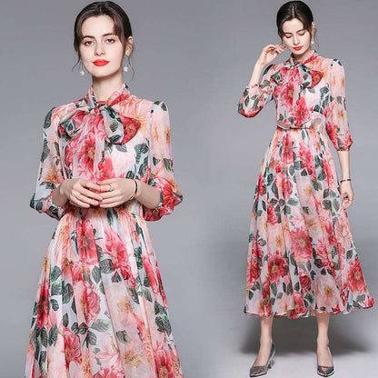 Women's Romantic Style Rose Print Large Swing Chiffon Dress - ChoreGirl