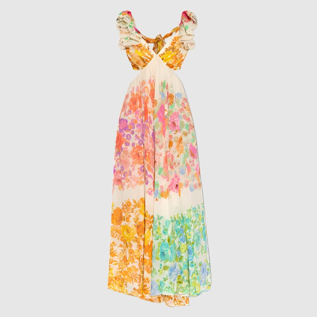 Women's Romantic V-neck Ruffle Sleeve Backless Long Dress - ChoreGirl