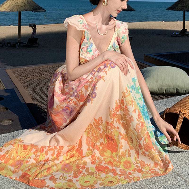 Women's Romantic V-neck Ruffle Sleeve Backless Long Dress - ChoreGirl
