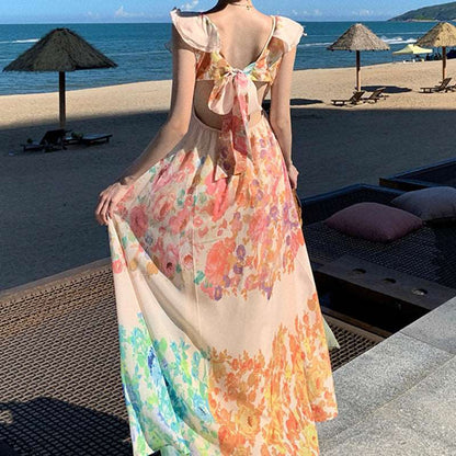 Women's Romantic V-neck Ruffle Sleeve Backless Long Dress - ChoreGirl