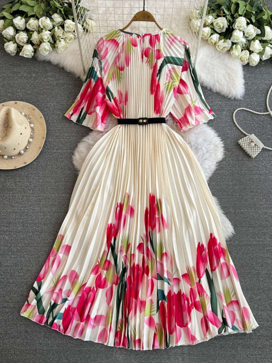 Women's Round Neck Waist Slimming A- Line Pleated Dress - ChoreGirl