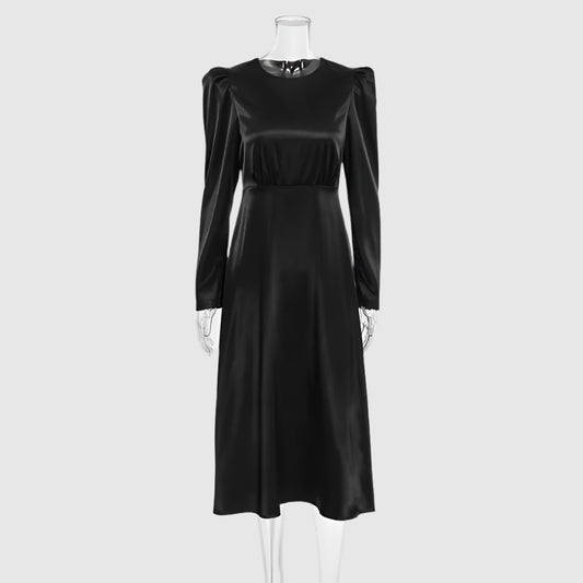 Women's Satin Round Neck Puff Sleeve Event Dress - ChoreGirl