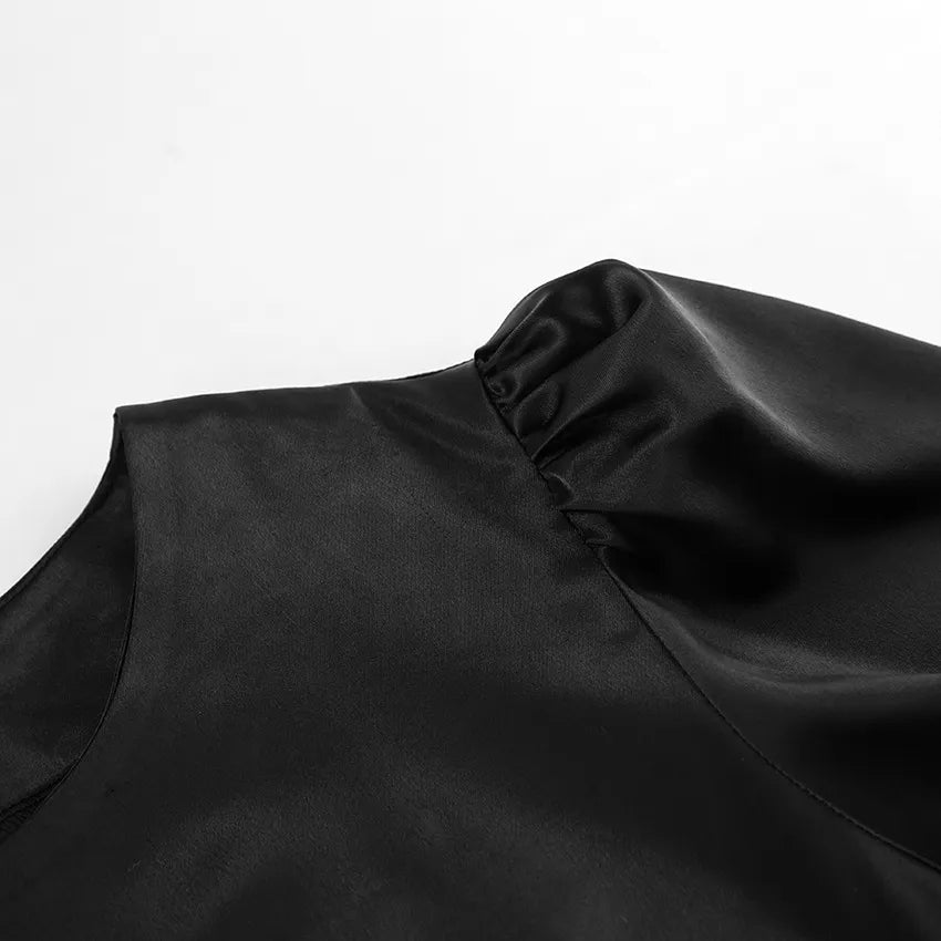 Women's Satin Round Neck Puff Sleeve Event Dress - ChoreGirl