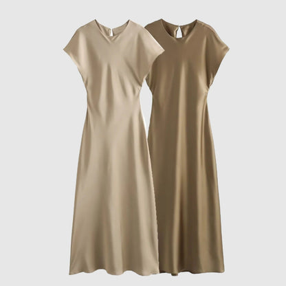 Women's Satin Simple Round Neck Short Sleeve Dress - ChoreGirl