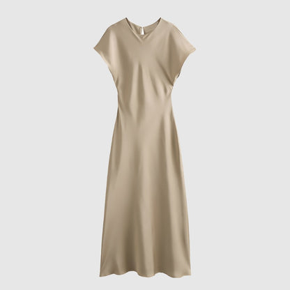 Women's Satin Simple Round Neck Short Sleeve Dress - ChoreGirl