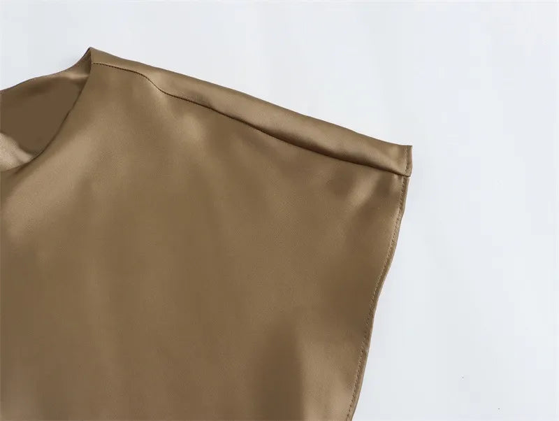 Women's Satin Simple Round Neck Short Sleeve Dress - ChoreGirl