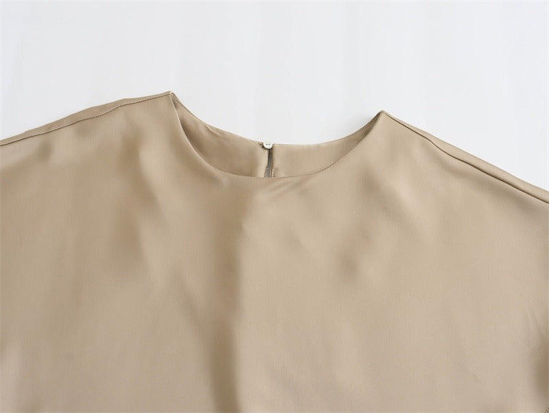 Women's Satin Simple Round Neck Short Sleeve Dress - ChoreGirl