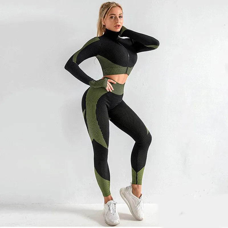 Women's Seamless Gym Leggings, Crop Zip-up Top and Sports Bra Yoga, Fitness, Gym Set - ChoreGirl