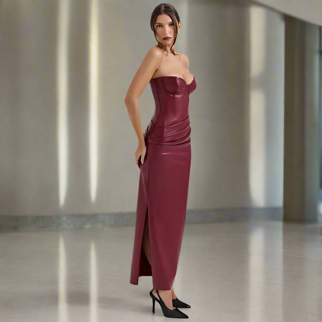 Women's Seductive Tight Leather Tube Maxi Dress - ChoreGirl
