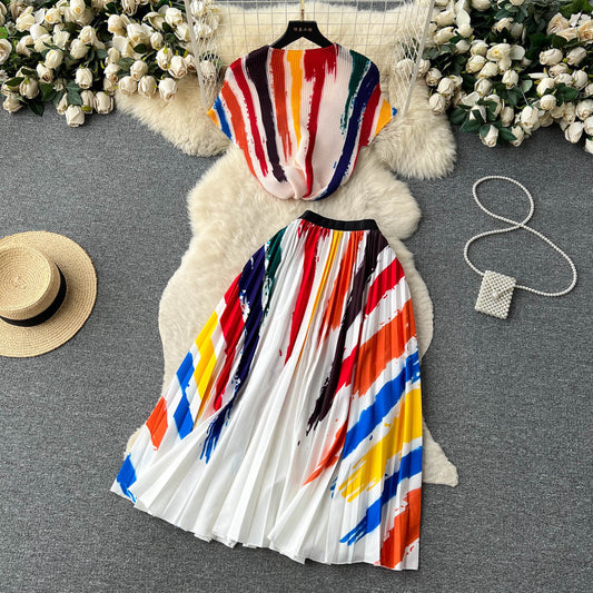 Women's Short-sleeved Top and High Waist Pleated Skirt Two-piece Outfit Set - ChoreGirl