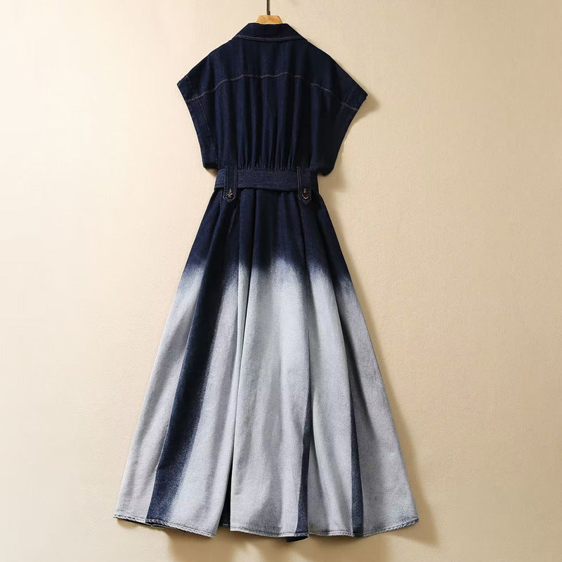 Women's Short Sleeve Gradient Color Fashion Waist-controlled Denim Dress - ChoreGirl