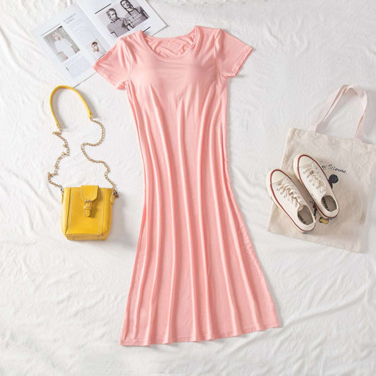 Women's Short Sleeved T-Shirt Dress With Bra Pads Loungewear - ChoreGirl