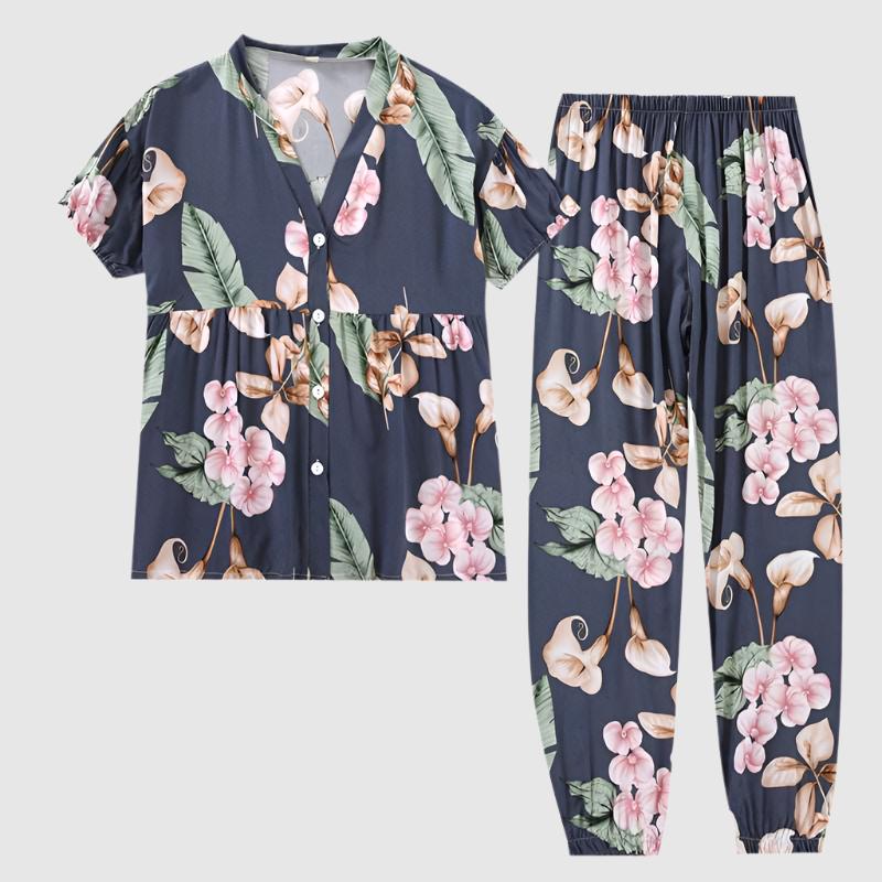 Women's Short Sleeved V-neck Shirt and Pants Thin Pajamas Set - ChoreGirl