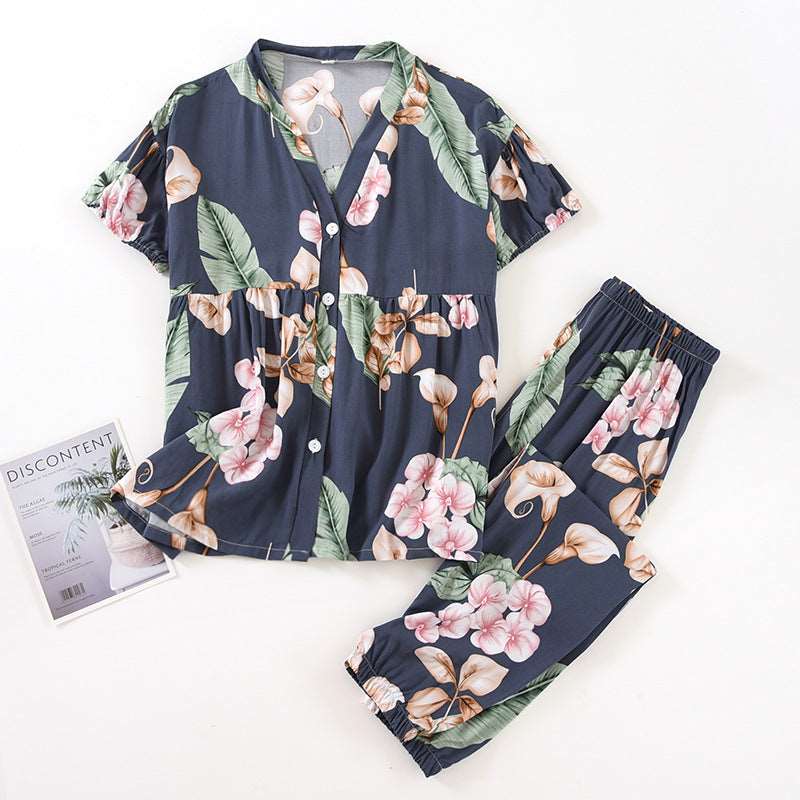 Women's Short Sleeved V-neck Shirt and Pants Thin Pajamas Set - ChoreGirl