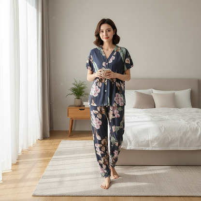 Elegantes Pyjama-Set mit V-Ausschnitt – Kurzarm, dünn