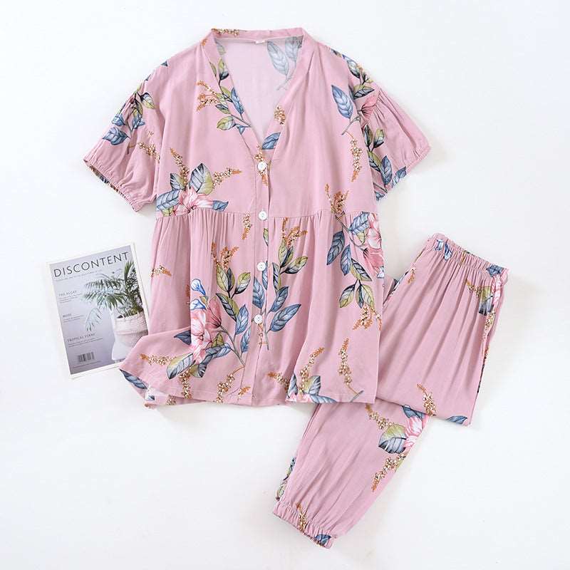 Women's Short Sleeved V-neck Shirt and Pants Thin Pajamas Set - ChoreGirl