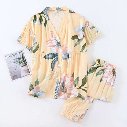 Women's Short Sleeved V-neck Shirt and Pants Thin Pajamas Set - ChoreGirl