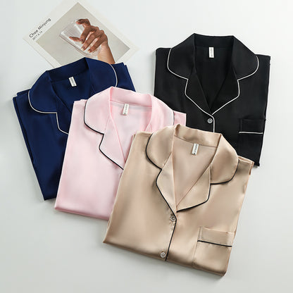 Women's Silk Lapel Collar Long Sleeved Shirt and Pants Pajamas Set - ChoreGirl