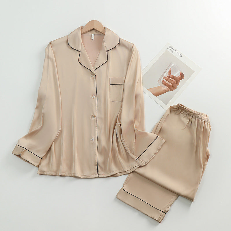 Women's Silk Lapel Collar Long Sleeved Shirt and Pants Pajamas Set - ChoreGirl