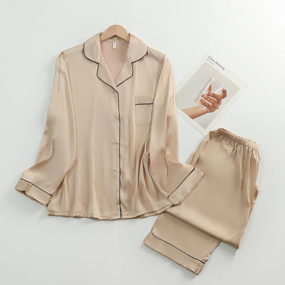 Women's Silk Lapel Collar Long Sleeved Shirt and Pants Pajamas Set - ChoreGirl