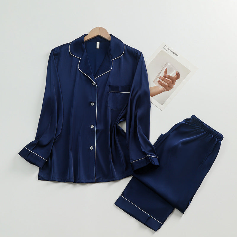 Women's Silk Lapel Collar Long Sleeved Shirt and Pants Pajamas Set - ChoreGirl