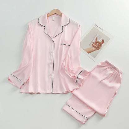 Women's Silk Lapel Collar Long Sleeved Shirt and Pants Pajamas Set - ChoreGirl