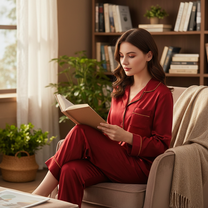 Elegantes Seidenpyjama-Set mit Reverskragen – Langarm