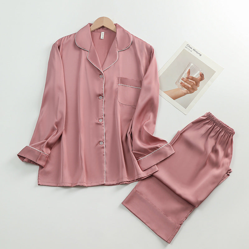 Women's Silk Lapel Collar Long Sleeved Shirt and Pants Pajamas Set - ChoreGirl