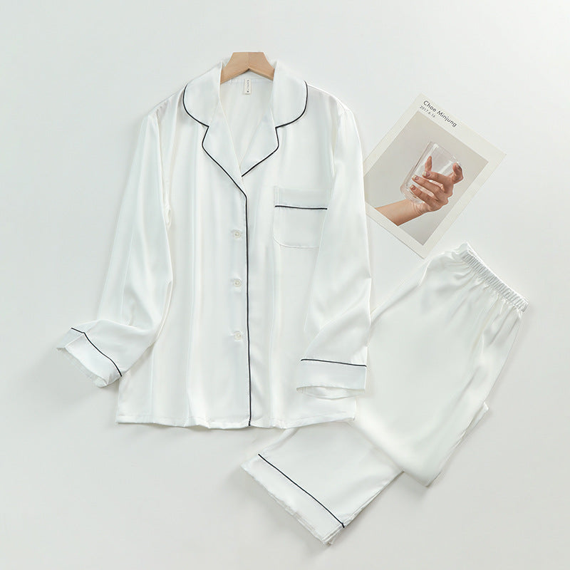 Women's Silk Lapel Collar Long Sleeved Shirt and Pants Pajamas Set - ChoreGirl