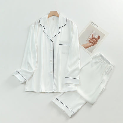 Women's Silk Lapel Collar Long Sleeved Shirt and Pants Pajamas Set - ChoreGirl