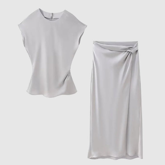 Women's Silk Satin Top and Bow Tie Midi Skirt Outfit Set - ChoreGirl