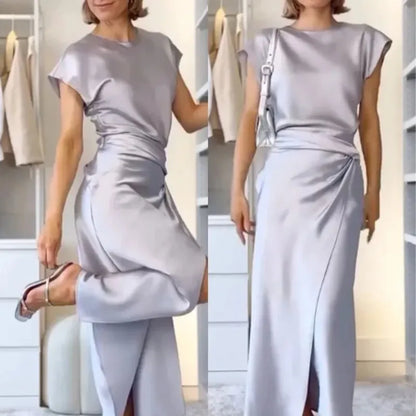 Women's Silk Satin Top and Bow Tie Midi Skirt Outfit Set - ChoreGirl