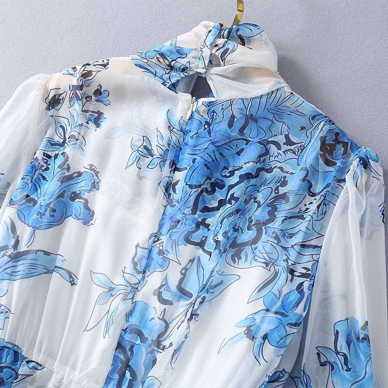 Women's Silk Scarf Collar Chiffon Fashion Dress - ChoreGirl