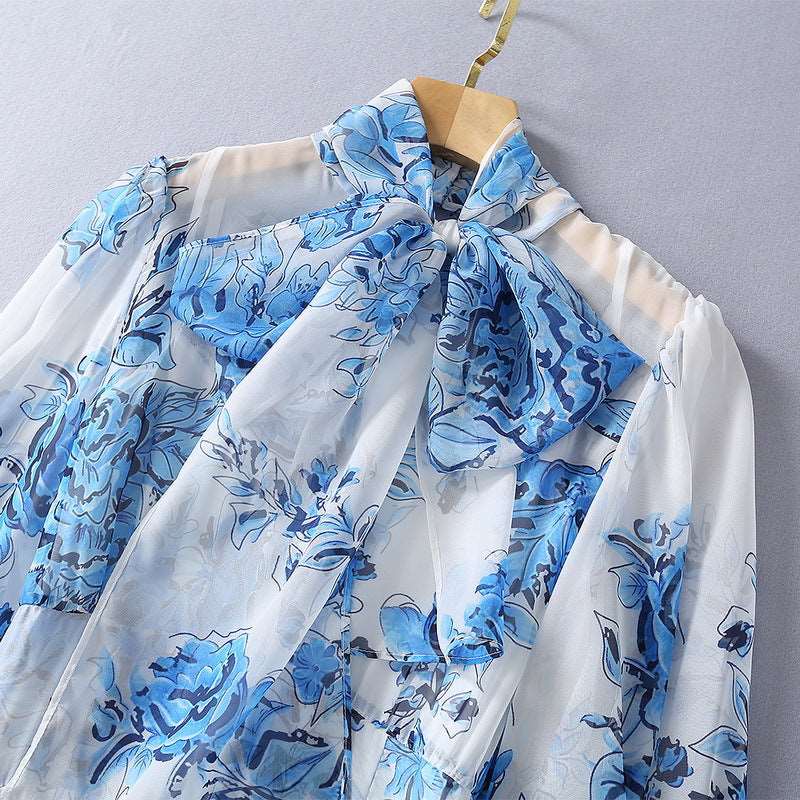 Women's Silk Scarf Collar Chiffon Fashion Dress - ChoreGirl
