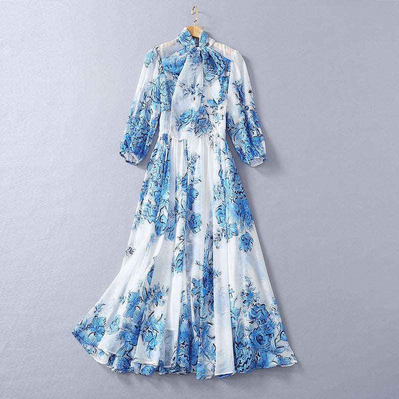 Women's Silk Scarf Collar Chiffon Fashion Dress - ChoreGirl