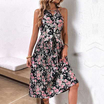 Women's Sleeveless Pleated Skirt Tied High Waist Dress - ChoreGirl