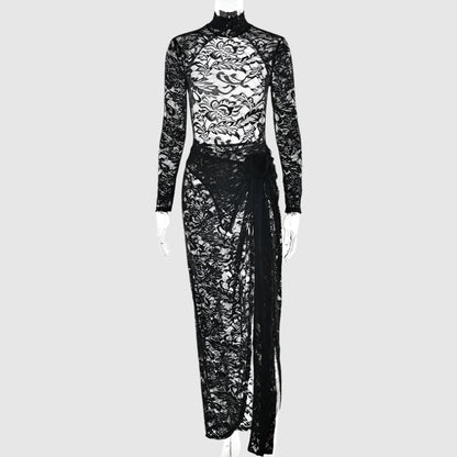 Women's Slim-fit See-through Two-piece Half Turtleneck Evening Gown with Bare Back - ChoreGirl