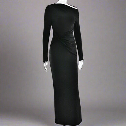 Women's Slim Fit Long Sleeve Oblique Shoulder Pleated Event Gown Dress - ChoreGirl