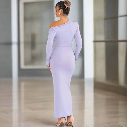 Women's Slim Fit Long Sleeve Oblique Shoulder Pleated Event Gown Dress - ChoreGirl