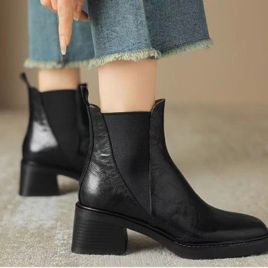 Women's Soft Leather Chunky Heel Chelsea Boots - ChoreGirl