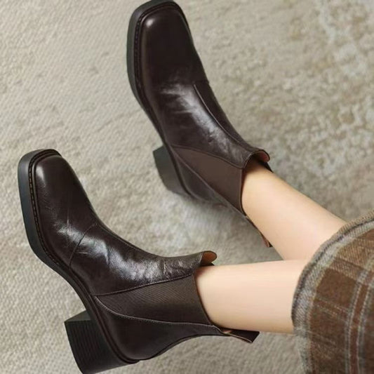 Women's Soft Leather Chunky Heel Chelsea Boots - ChoreGirl