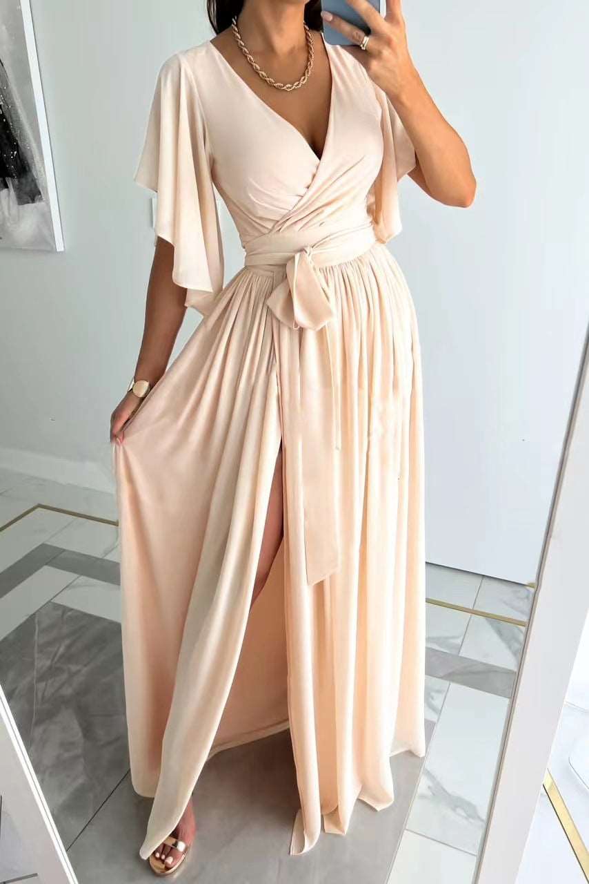 Women's Solid Color Bell Sleeve Loose V-neck Long Dress - ChoreGirl