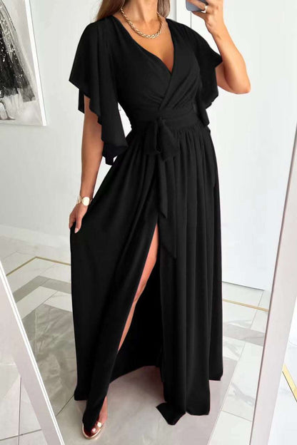 Women's Solid Color Bell Sleeve Loose V-neck Long Dress - ChoreGirl