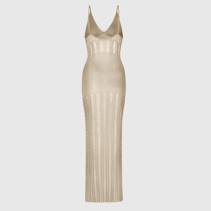 Women's Solid Color Hollow Knitted Beach Cover-up Dress - ChoreGirl